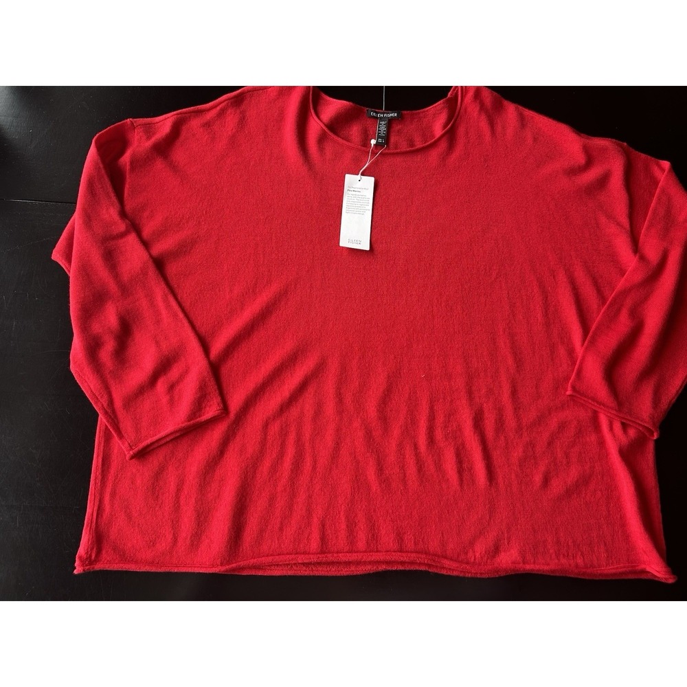 Eileen Fisher NWT Red Rolled Crew Neck Boxy Merino Wool Lightweight Sweater L